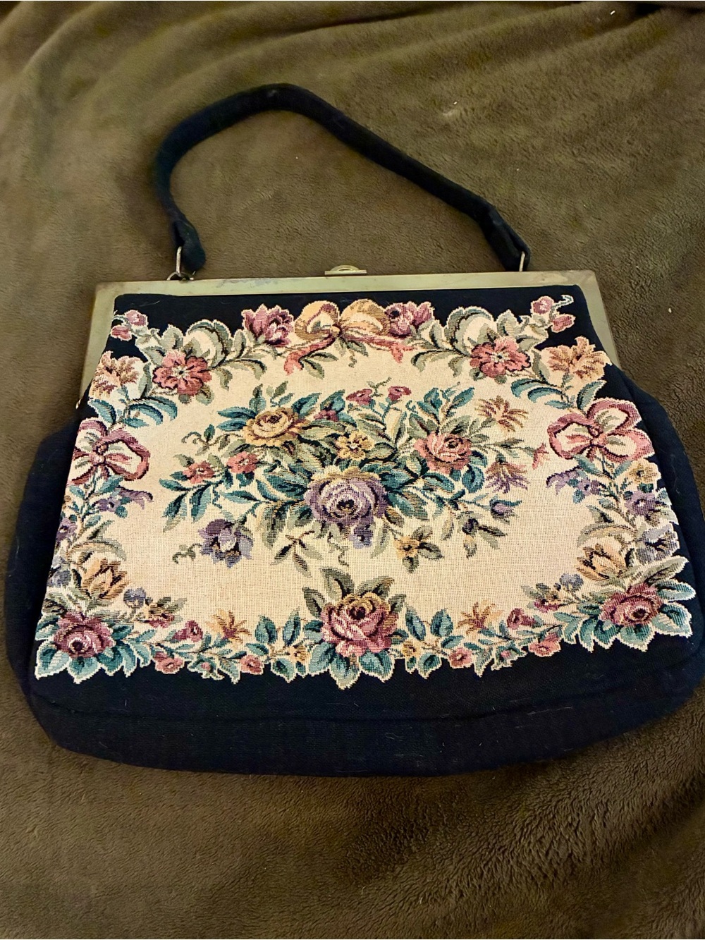 Vintage Floral Petit Point Tapestry Handbag in Black and Cream